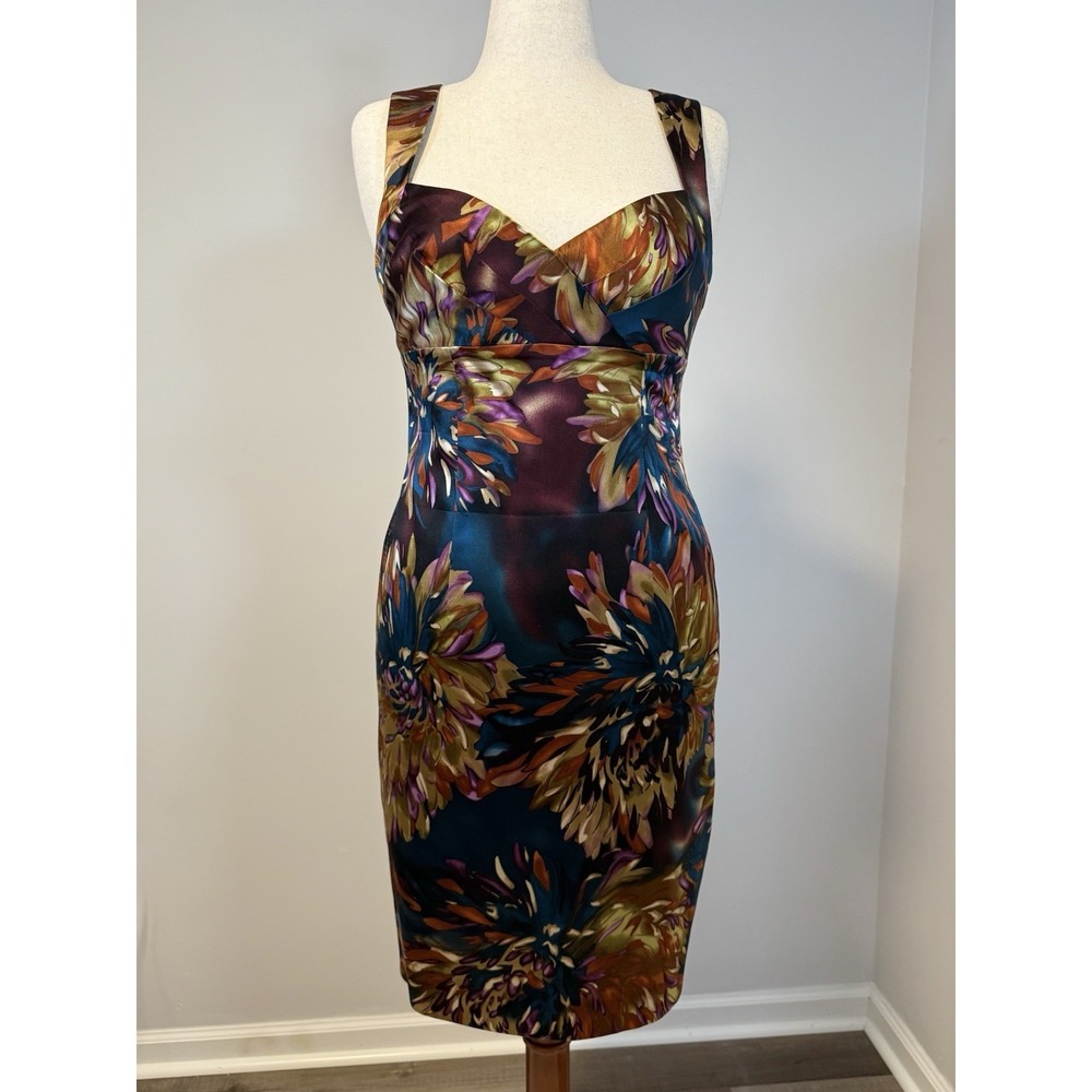 David Meister Silk Floral Ruched Sheath Dress Cocktail Wedding Guest Sz 10 - Picture 1 of 10
